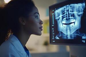 Doctor examining a panoramic dental x-ray on computer screen photo