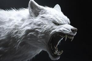 White wolf showing teeth and growling in the dark photo