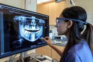 Dentist examining panoramic dental xray on computer screen photo