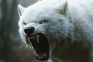 White wolf showing teeth and growling in wild nature photo