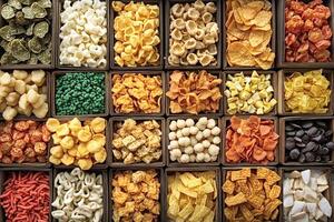 Variety of crunchy snacks displayed in wooden boxes, creating colorful and tempting food composition photo