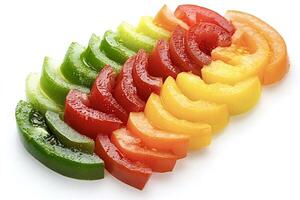 Sliced tomatoes of different colors creating a gradient on white background photo