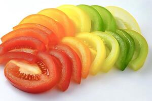 Sliced tomatoes showing colorful gradient from red to green on white background photo
