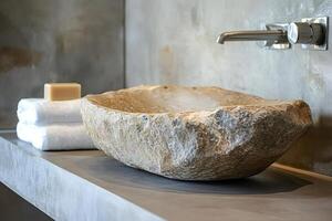 Modern bathroom sink made from natural stone enhancing rustic charm photo