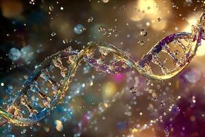 Dna structure rotating with water droplets and bokeh effect photo