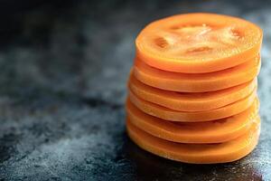 Sliced tomato stacked on dark background creating culinary delight photo