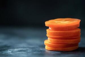 Slices of orange chili pepper creating a vibrant stack on dark background photo