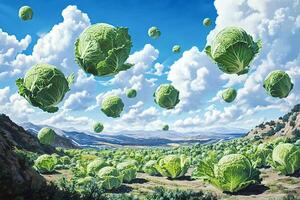 Cabbages floating in the sky over a cabbage field photo