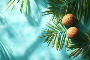 Two coconuts and palm leaves creating summer vibes on turquoise background photo