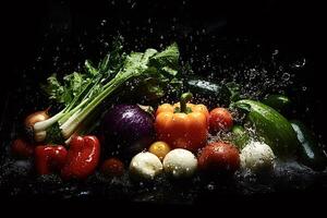 Fresh vegetables getting washed under running water on black background photo