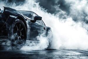 Black sports car burning rubber and generating smoke on asphalt photo