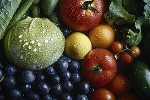 Fresh wet fruits and vegetables creating a colorful and healthy still life photo