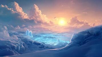 Frozen planet landscape with setting sun and turquoise ice formations photo