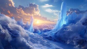 Sun shining on frozen alien planet landscape with ice formations photo