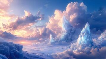 Frozen mountains rising from snowy landscape at sunset with cloudy sky photo