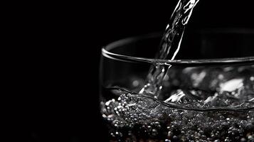 Sparkling water pouring into glass with bubbles on black background photo