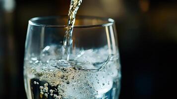 Sparkling water pouring into a glass with ice on a blurred background photo