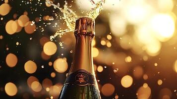 Champagne bottle exploding with golden bokeh background photo