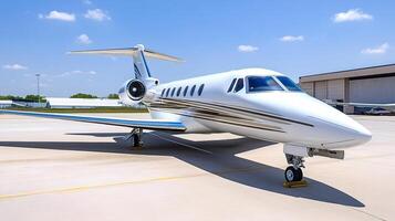 Modern private jet parked on a sunny airport runway photo