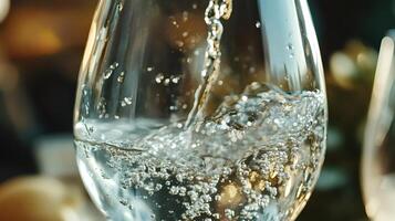Sparkling water pouring into a glass with bubbles and splashing photo