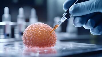 Scientist injecting serum into cell culture in laboratory setting photo
