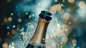 Champagne bottle splashing with water on sparkling background photo