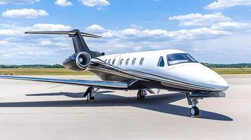 Modern business jet parked on a sunny airport runway photo