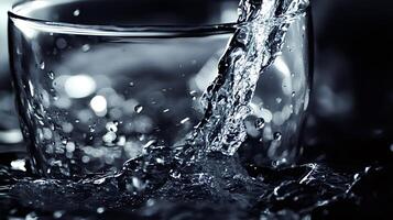 Stream of water pouring into glass and splashing out, creating bubbles photo