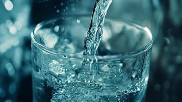 Refreshing water pouring into glass with ice cubes, creating bubbles and ripples photo