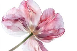 Pink tulip showing petals and stem on white background photo