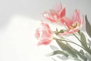 Pink tulips blooming on white background with soft light photo