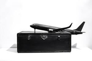 Toy airplane taking off from vintage suitcase symbolizing travel and adventure photo