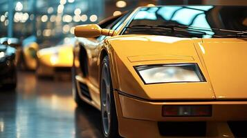 Yellow lamborghini countach displaying power and elegance in showroom photo