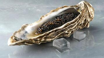 Fresh black caviar displayed on ice in an oyster shell on grey marble photo