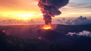 Volcano erupting at sunset, creating a breathtaking spectacle of nature photo
