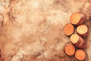 Sliced sweet potatoes on rustic background with copy space photo