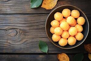 Bowl of sweet potato balls with autumn leaves resting on rustic wooden table photo