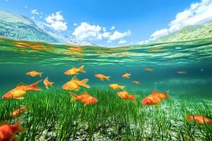 Goldfish swimming in pristine mountain lake a split view of aquatic life photo