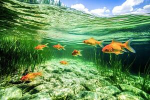 Goldfish swimming in pristine river habitat a serene underwater view photo