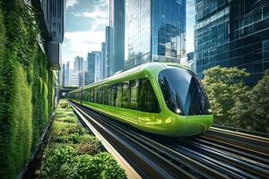 Green futuristic train passing through modern sustainable city with skyscrapers photo