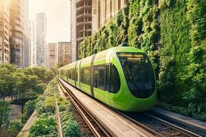 Green public transport train moving in modern sustainable city with greenery photo