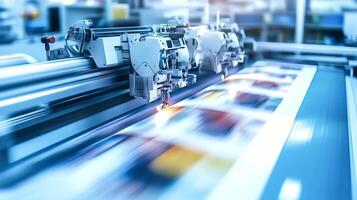 Printing machine processing colorful sheets in motion blur in typography photo