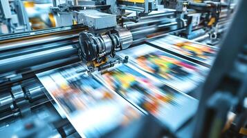 Printing machine processing colorful magazines in printing house photo