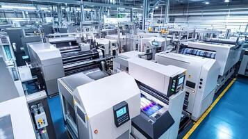 Modern printing machines processing colorful paper rolls in factory photo