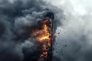 Burning tower crumbling and generating a cloud of smoke and debris photo