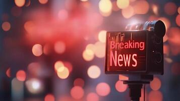 Breaking news sign displaying on a camera in front of a blurred background photo