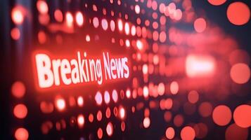 Breaking news sign displaying on a red blurred background photo