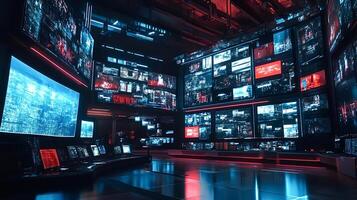 Modern cyber security center monitoring multiple screens showing data analysis photo