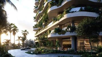 Modern sustainable building with green balconies at sunset in tropical location photo