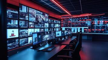 Modern cybersecurity center monitoring network activity on multiple screens photo